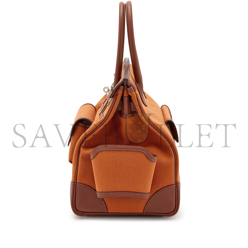 H**mes master birkin 35 canvas and swift leather orange silver buckle h079238cka2 (35*25*18cm)